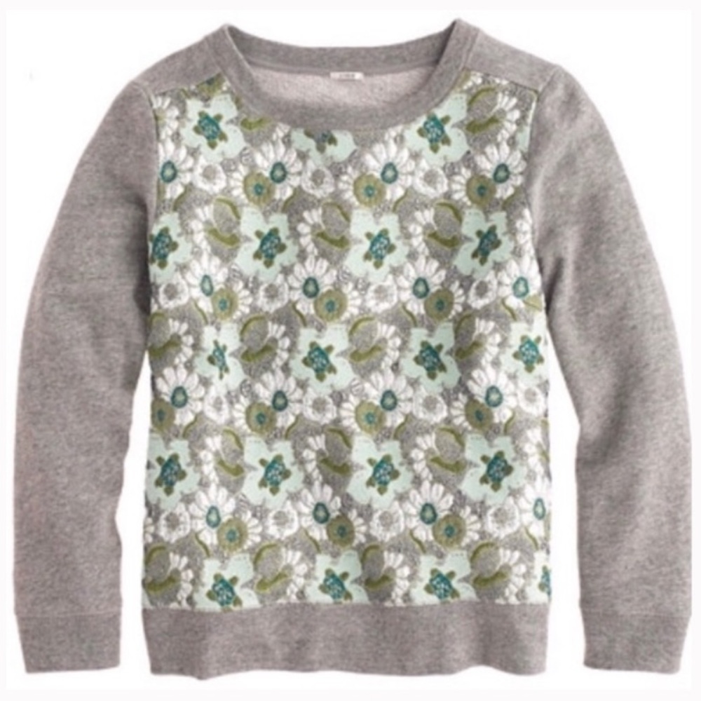 J Crew grey sweatshirt with floral metallic jacquard front panel size XS